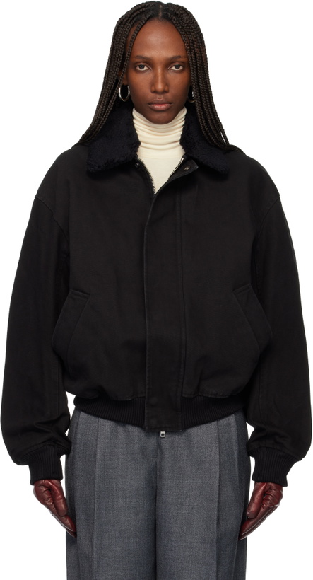 Photo: TONYWACK Black Washed Cotton Faux-Shearling Trim Bomber Jacket