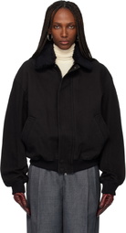 TONYWACK Black Washed Cotton Faux-Shearling Trim Bomber Jacket