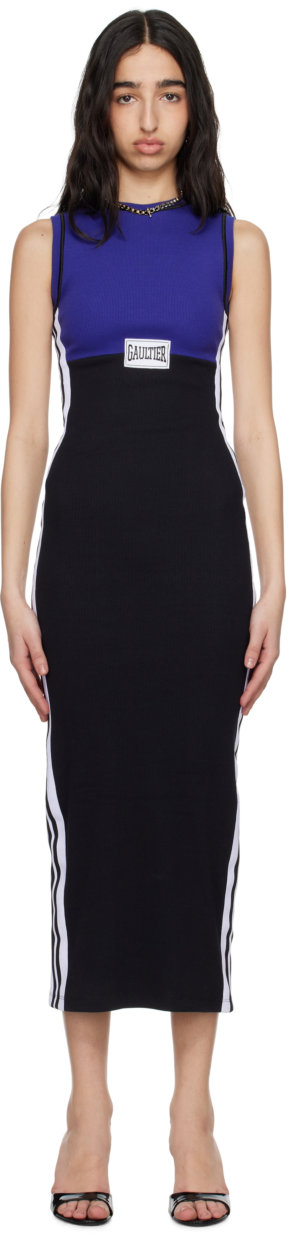 Jean Paul Gaultier Navy & Black Cotton Ribbed Midi Dress