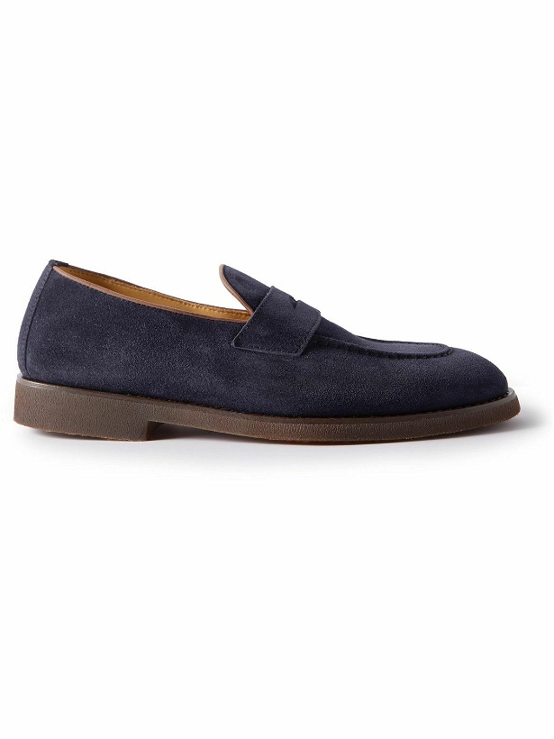 Photo: Brunello Cucinelli - Flex Leather-Trimmed Suede Penny Loafers - Blue