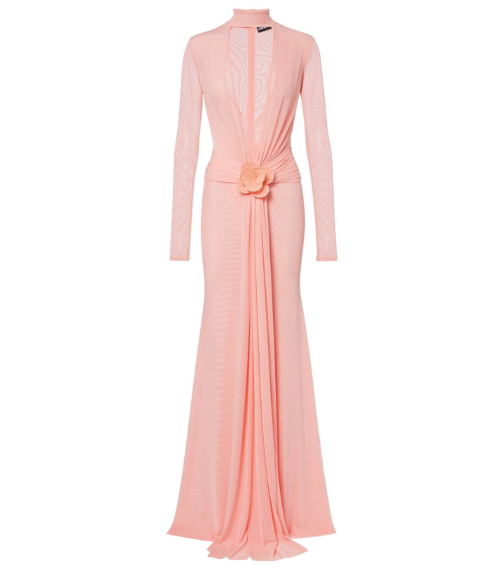 Photo: David Koma Draped floral-appliqué mesh gown