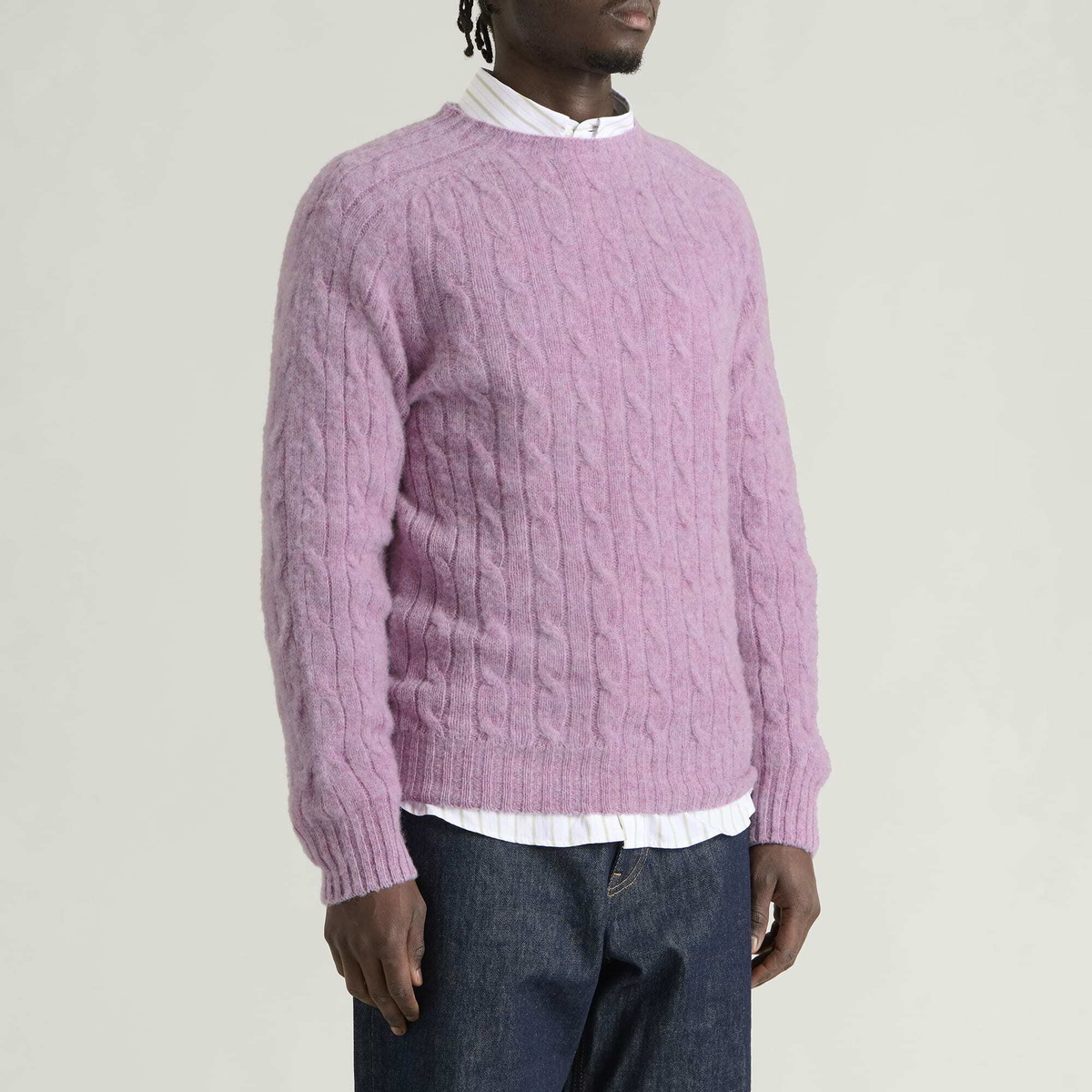 Drake's Men's Brushed Shetland Cable Jumper in Sweetpea