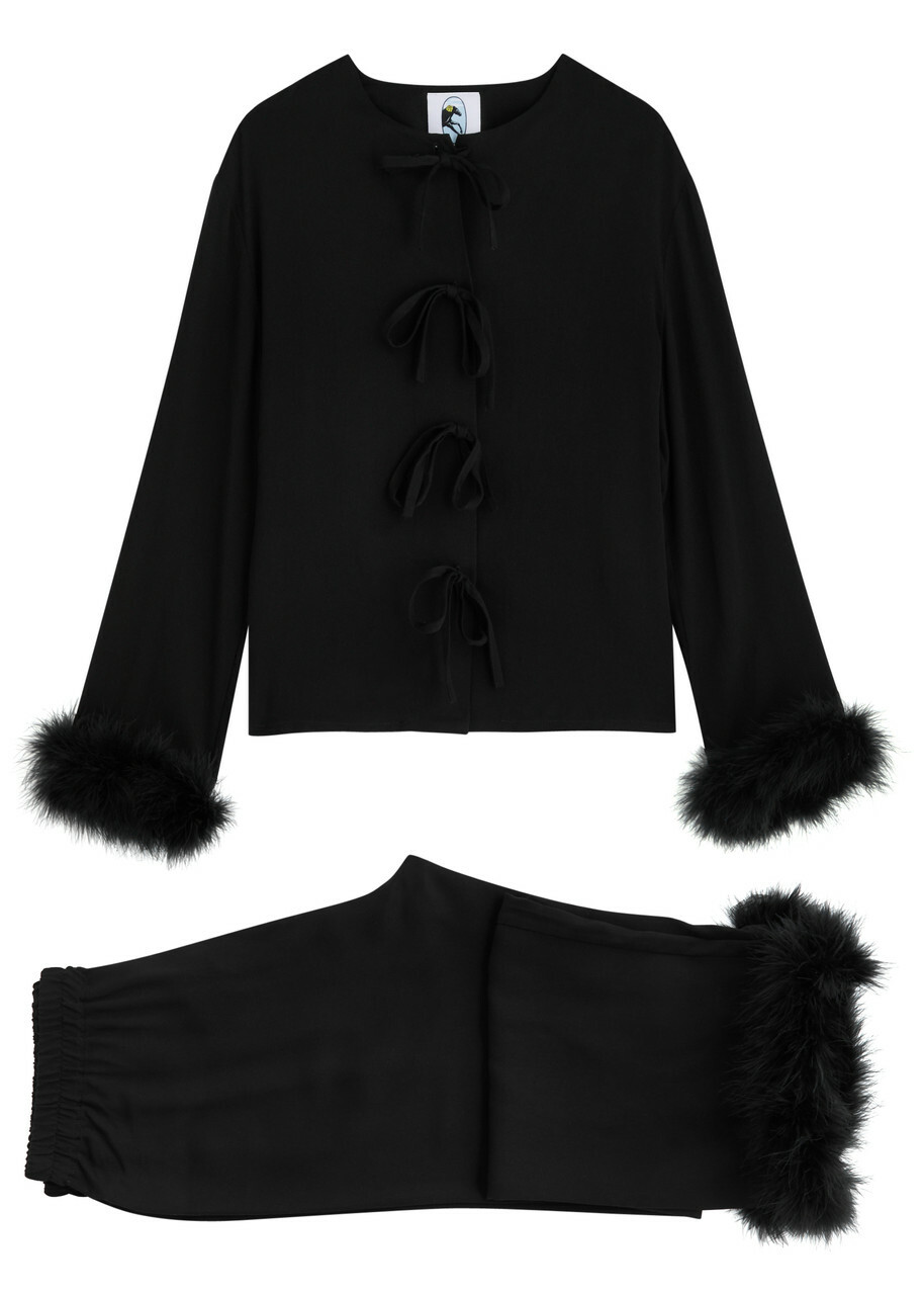 Sleeper Capricorn Feather-trimmed Twill Pyjama set Black
