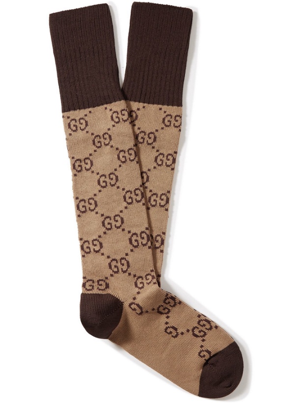 Photo: GUCCI - Logo-Intarsia Stretch Cotton-Blend Socks - Brown