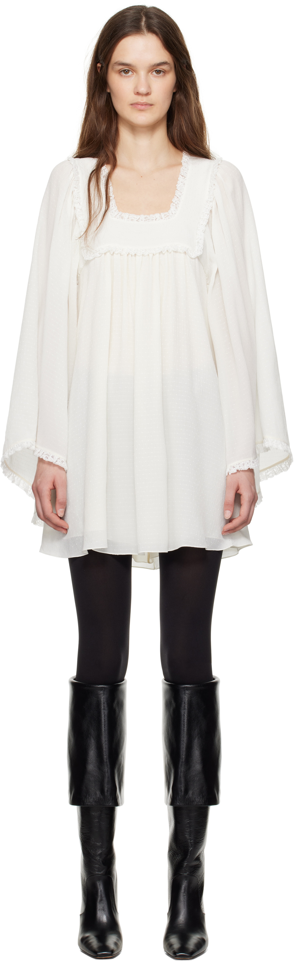 ワンピース Chloe Milky White Mini Dress In Silk Lace-trimmed silk minidress in white - Chloe | Mytheresa