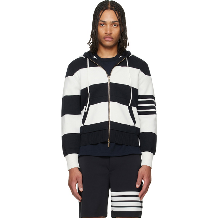 Photo: Thom Browne Navy & White Hector 4-Bar Rugby Hoodie
