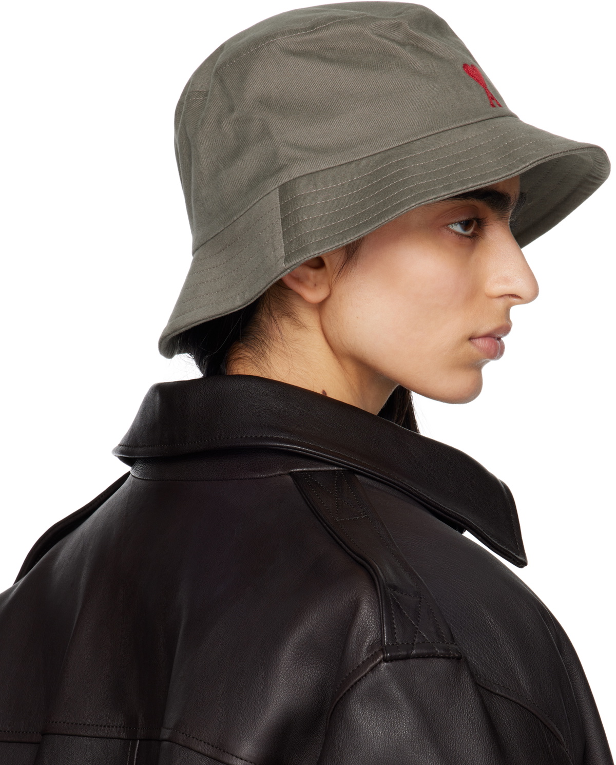 AMI Paris Gray Cotton Ami de Coeur Embroidery Bucket Hat