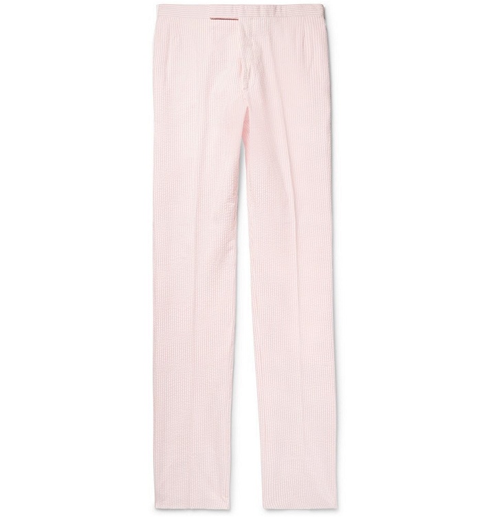 Photo: Thom Browne - Slim-Fit Striped Cotton-Seersucker Trousers - Pink