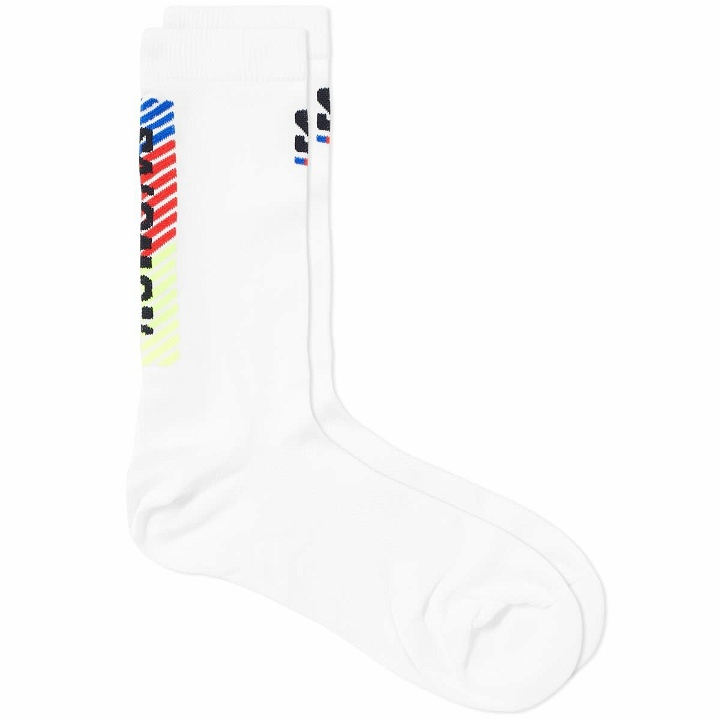 Photo: Salomon Men's PULSE RACE FLAG CREW SOCK in White/Fiery Red/Safety Yellow