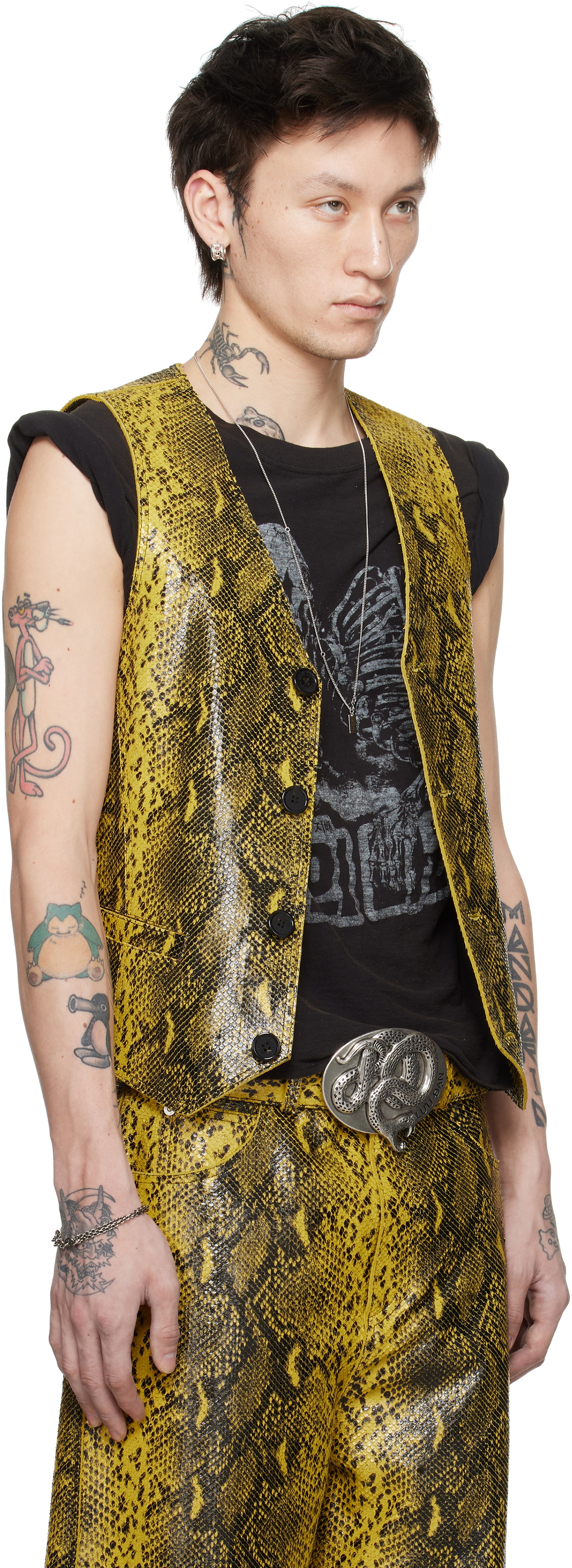 LU'U DAN Black & Yellow 'Year of the Snake' Embossed Leather Vest