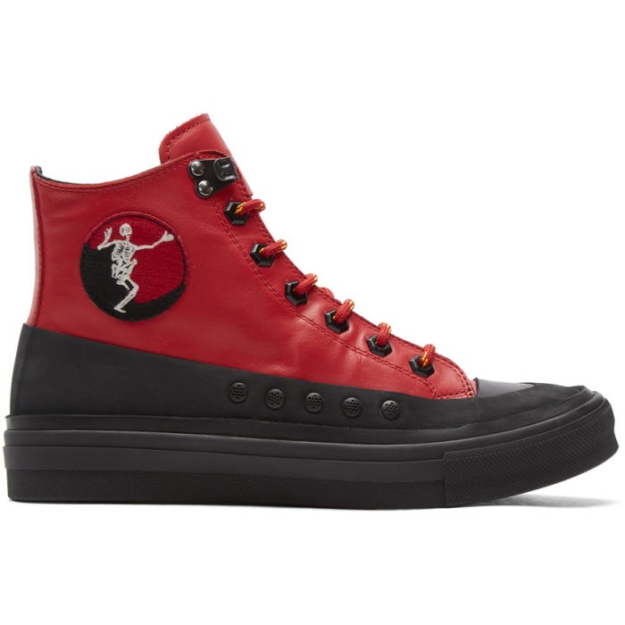 Photo: Alexander McQueen Red Leather Skeleton Patch High-Top Sneakers