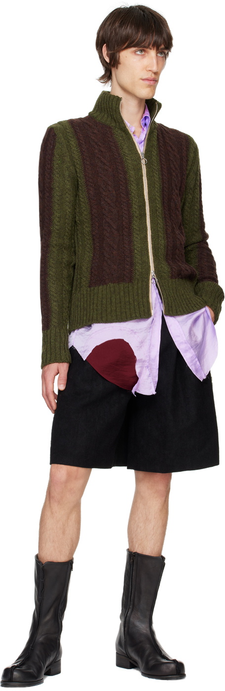 Edward Cuming Khaki & Burgundy Cable Knit Zip Sweater Edward Cuming