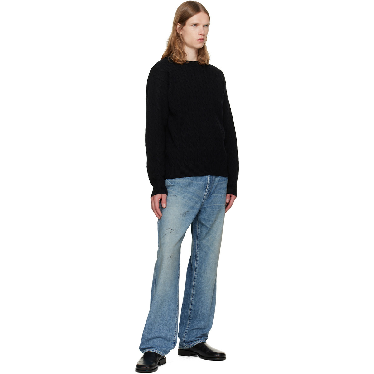 vowels Black Cable Knit Crewneck Sweater