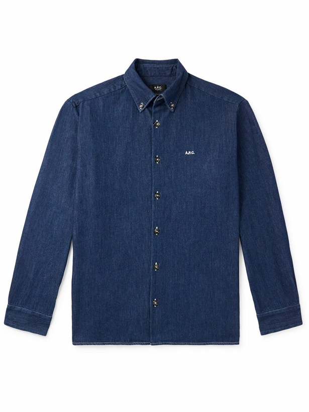 Photo: A.P.C. - Mathias Button-Down Collar Logo-Embroidered Denim Shirt - Blue