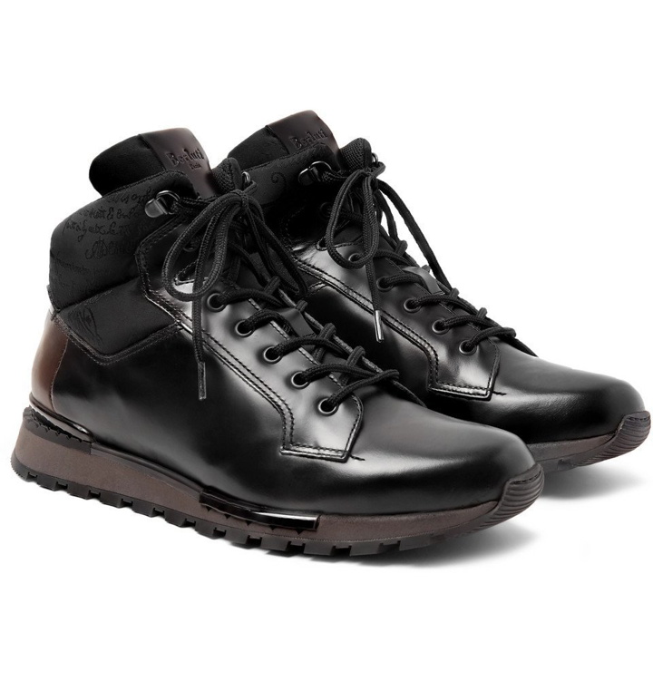 Photo: Berluti - Fast Track Shearling-Lined Leather and Jacquard-Shell Hiking Boots - Men - Black
