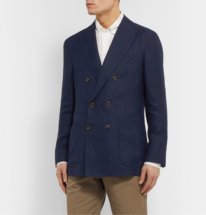 Photo: Brunello Cucinelli - Navy Slim-Fit Double-Breasted Unstructured Linen, Wool and Silk-Blend Blazer - Blue