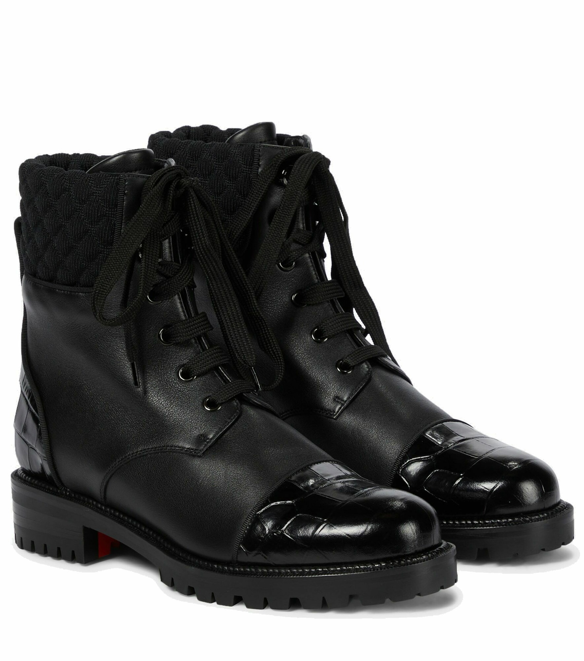 Studded Trim Lace Up Combat Boots - Black