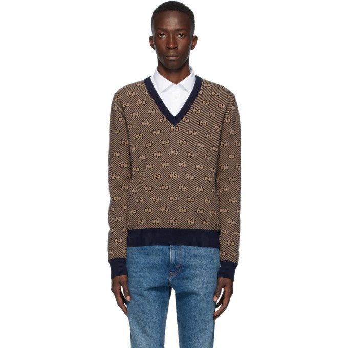 Photo: Gucci Brown and Navy Wool GG Stripe Sweater