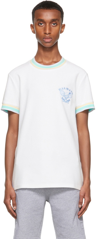 Photo: Balmain White Embroidered Tennis Logo T-Shirt
