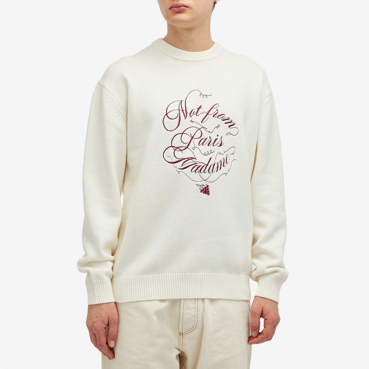 Drôle de Monsieur Men's Not From Paris Madame Caligraphy Crew Knit in Cream