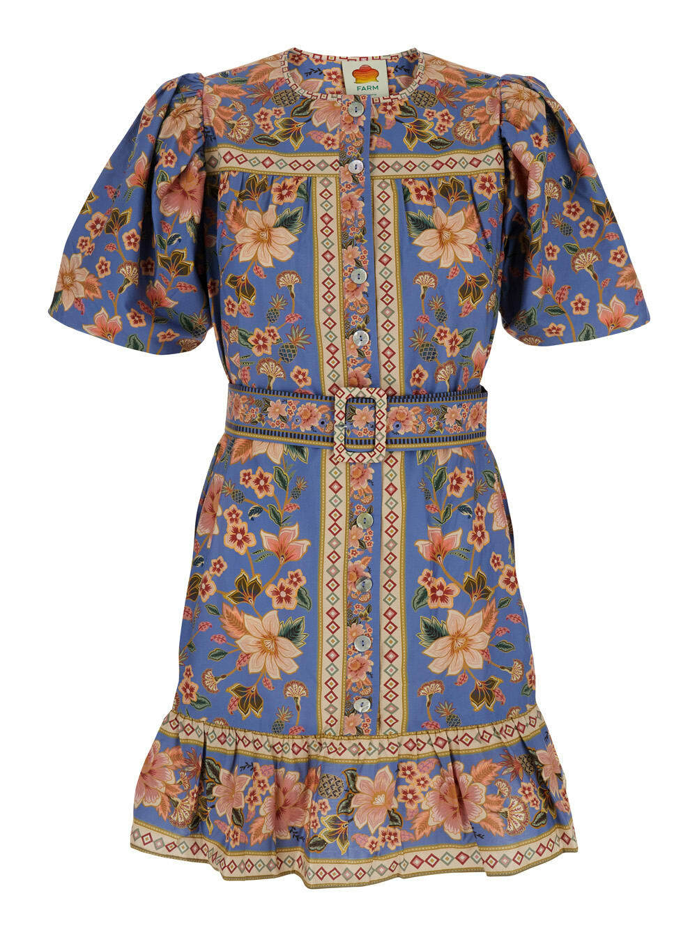Farm Rio superbloom Blue Dress With All-over Floral Print And Waist Belt In  Cotton Woman Farm Rio