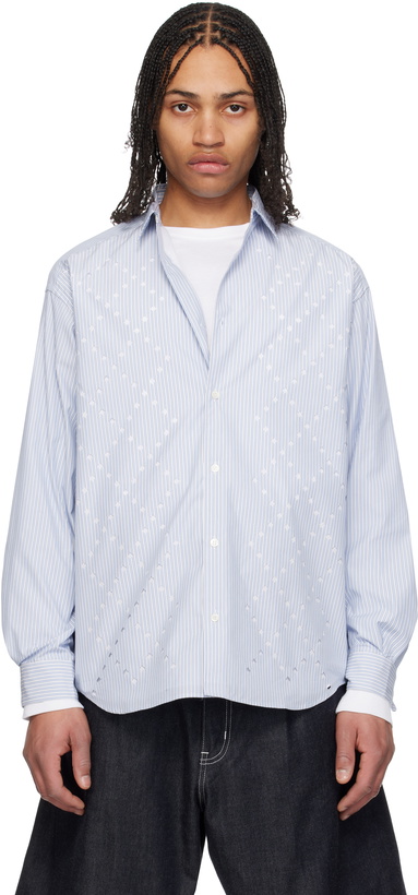 Photo: Comme des Garçons Homme Blue & White Broad Stripes Laser Cut Shirt