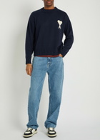 Ami Paris Logo-intarsia Wool and Cotton-blend Jumper Navy