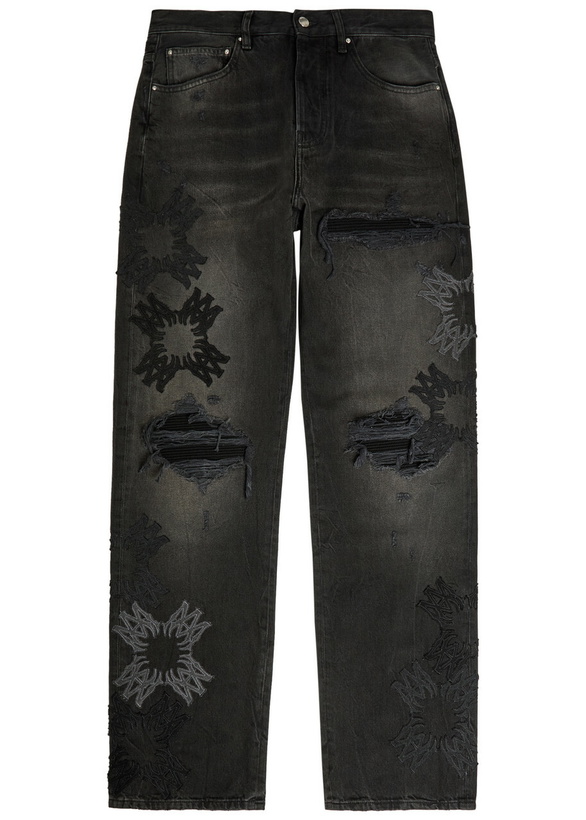 Photo: Amiri Distressed Logo-appliquéd Straight-leg Jeans Denim