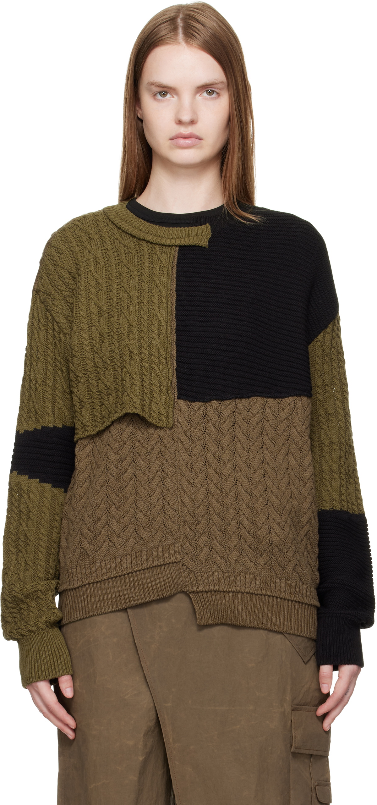 Andersson Bell Black & Brown Patchwork Asymmetric Crewneck Sweater