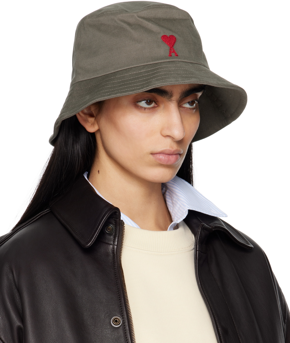 AMI Paris Gray Cotton Ami de Coeur Embroidery Bucket Hat