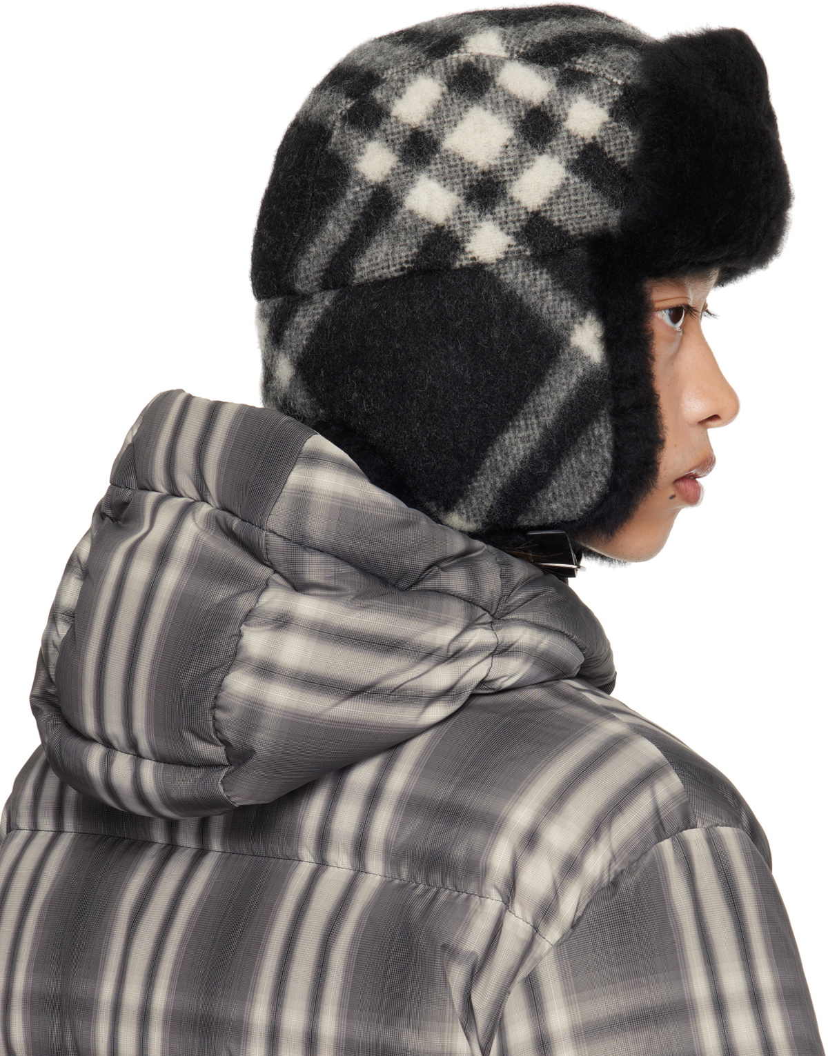 Burberry Black & Off-White Check Wool Trapper Hat