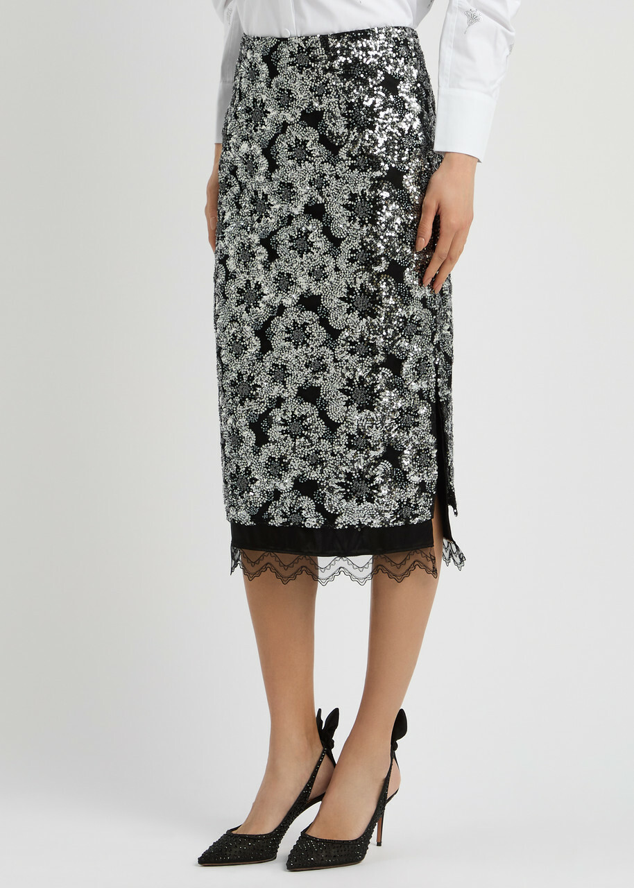 Huishan Zhang Leja Embellished Tulle Midi Skirt Silver