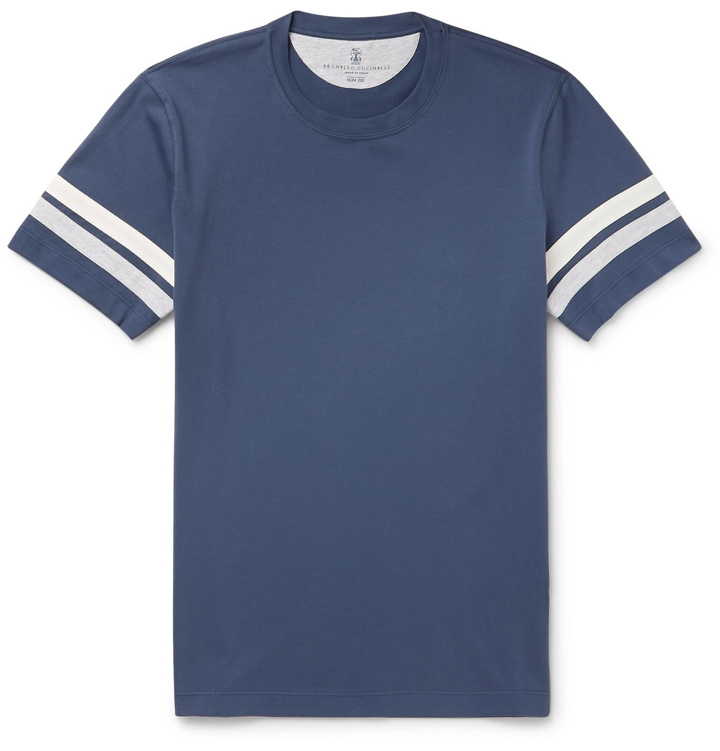 Photo: Brunello Cucinelli - Striped Cotton-Jersey T-Shirt - Blue