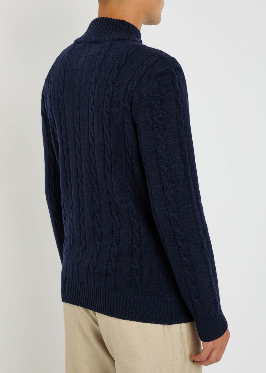 Aurélien Cable-knit Wool and Cashmere-blend Polo Jumper Navy