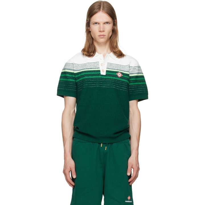 Photo: Casablanca Green Boucle Stripe Short Sleeve Polo