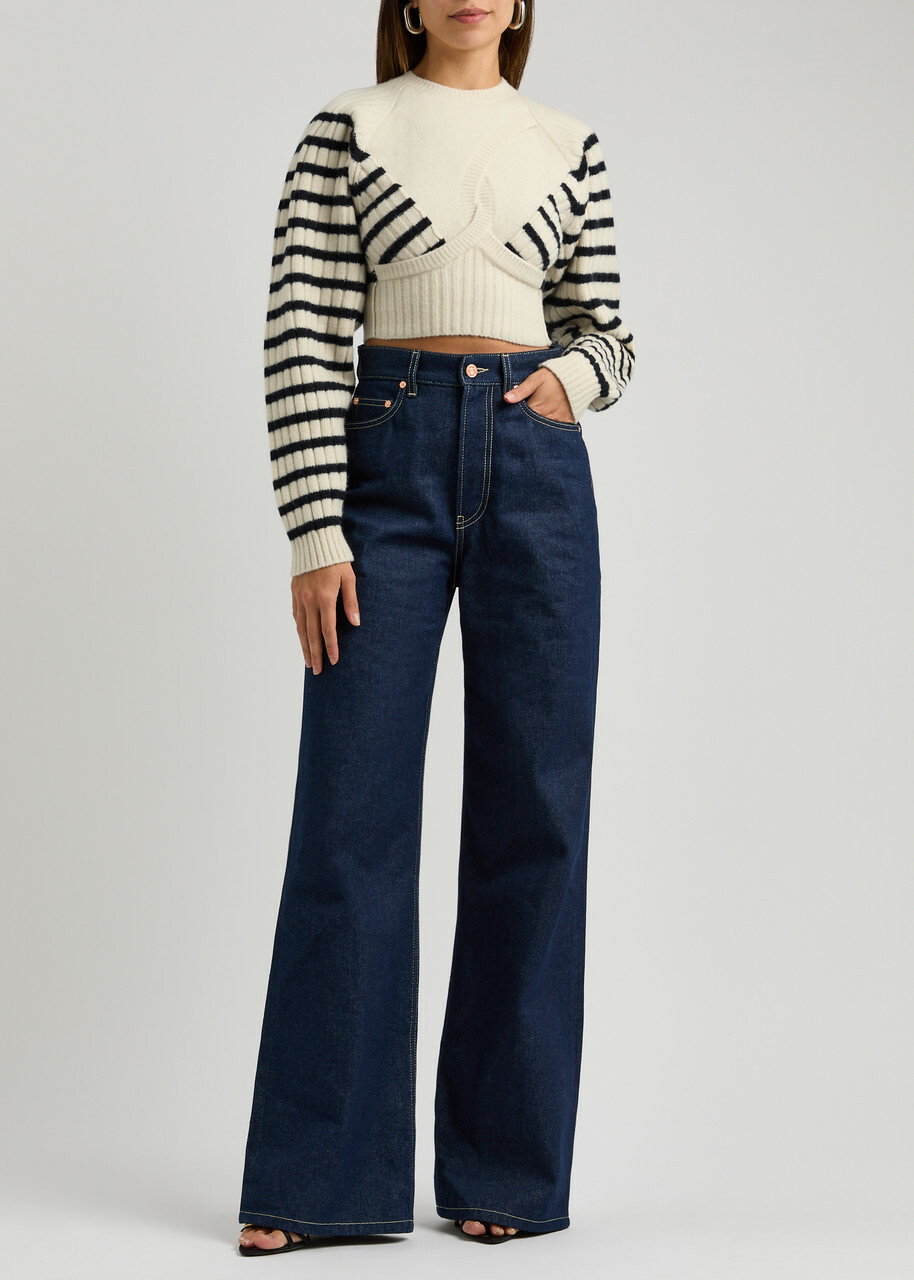 Jean Paul Gaultier Striped Cropped Wool-blend Jumper Cream