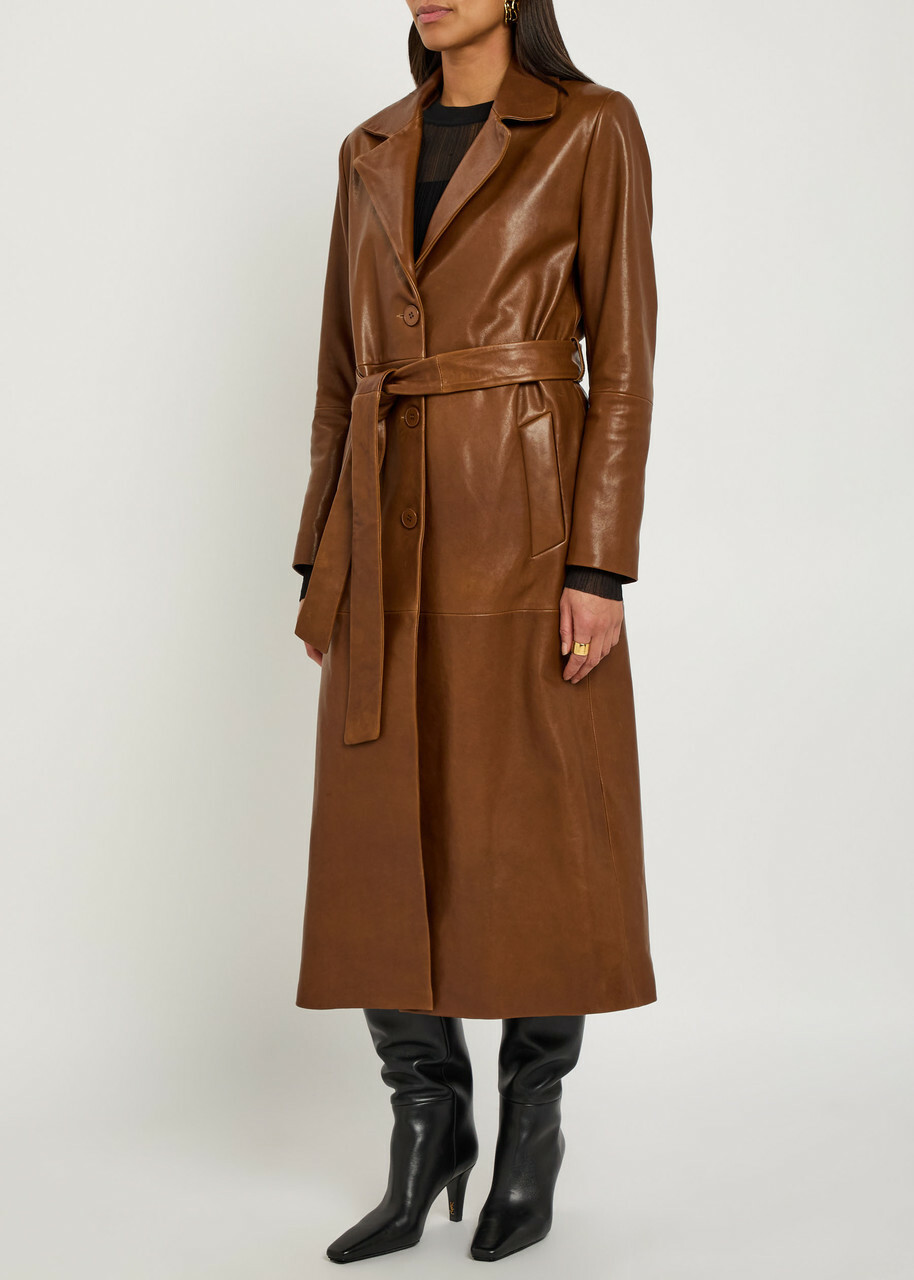 Nour Hammour Scarlett Belted Leather Trench Coat Brown