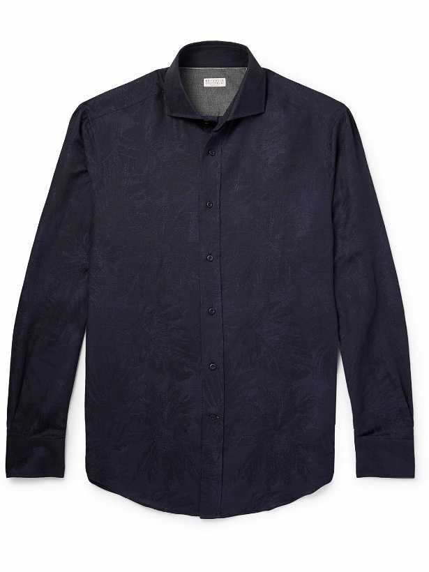 Photo: Brunello Cucinelli - Cotton and Linen-Blend Jacquard Shirt - Blue