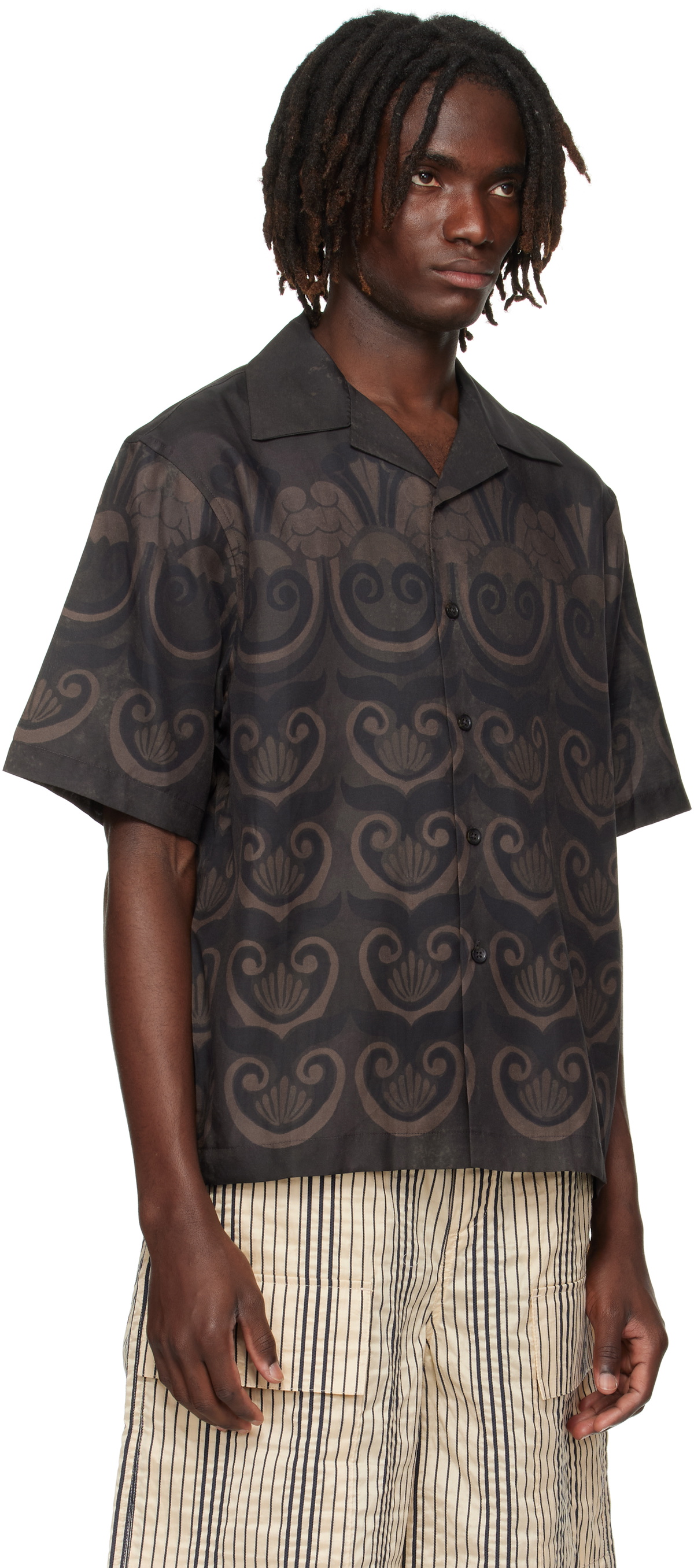 COMMAS Brown Painted Shell Silk Camp Collar Shirt