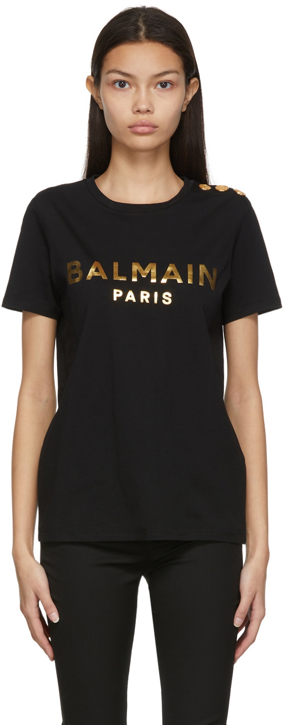 æggelederne sindsyg Eddike Balmain Black & Gold 3-Button Metallic T-Shirt Balmain
