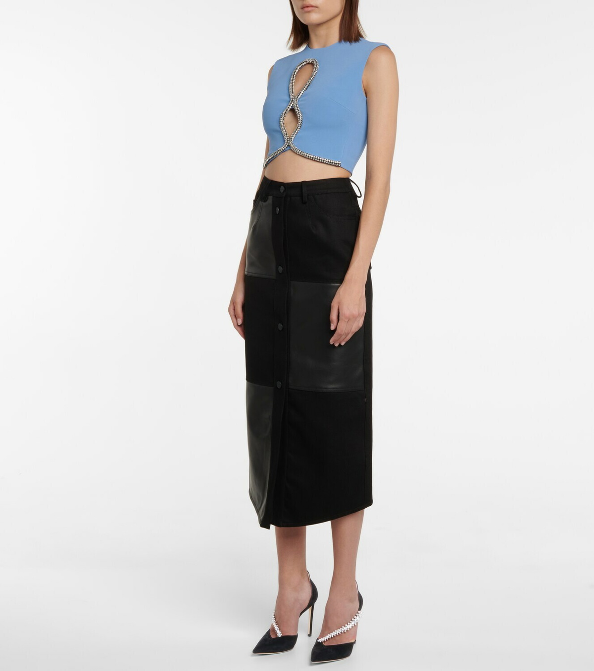 David Koma Denim and leather midi skirt