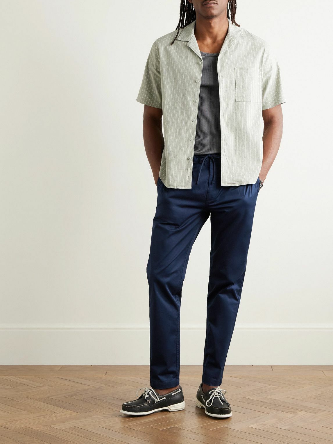 Onia - Slim-Fit Pleated Garment-Dyed Stretch-Cotton Drawstring Trousers - Blue