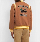 Human Made - Reversible Leather-Trimmed Logo-Appliquéd Melton Wool-Blend and Satin Bomber Jacket - Brown
