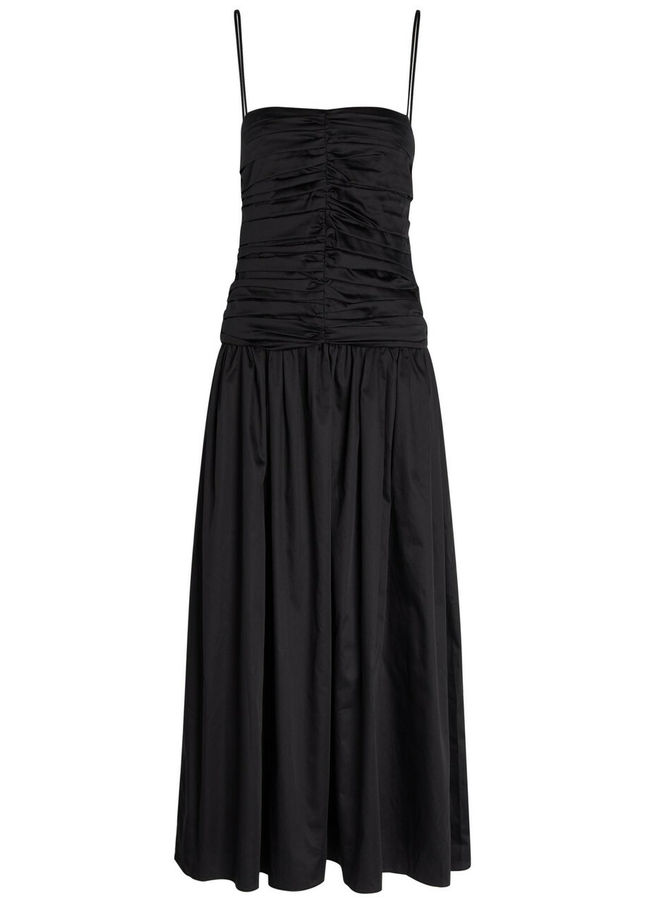 Tove Amina Gathered Cotton Midi Dress Black