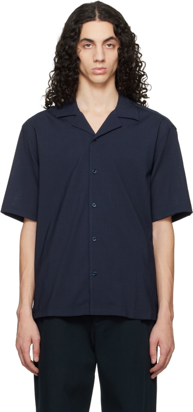 Photo: BOSS Navy Relaxed-Fit Wool-Blend Mesh Shirt