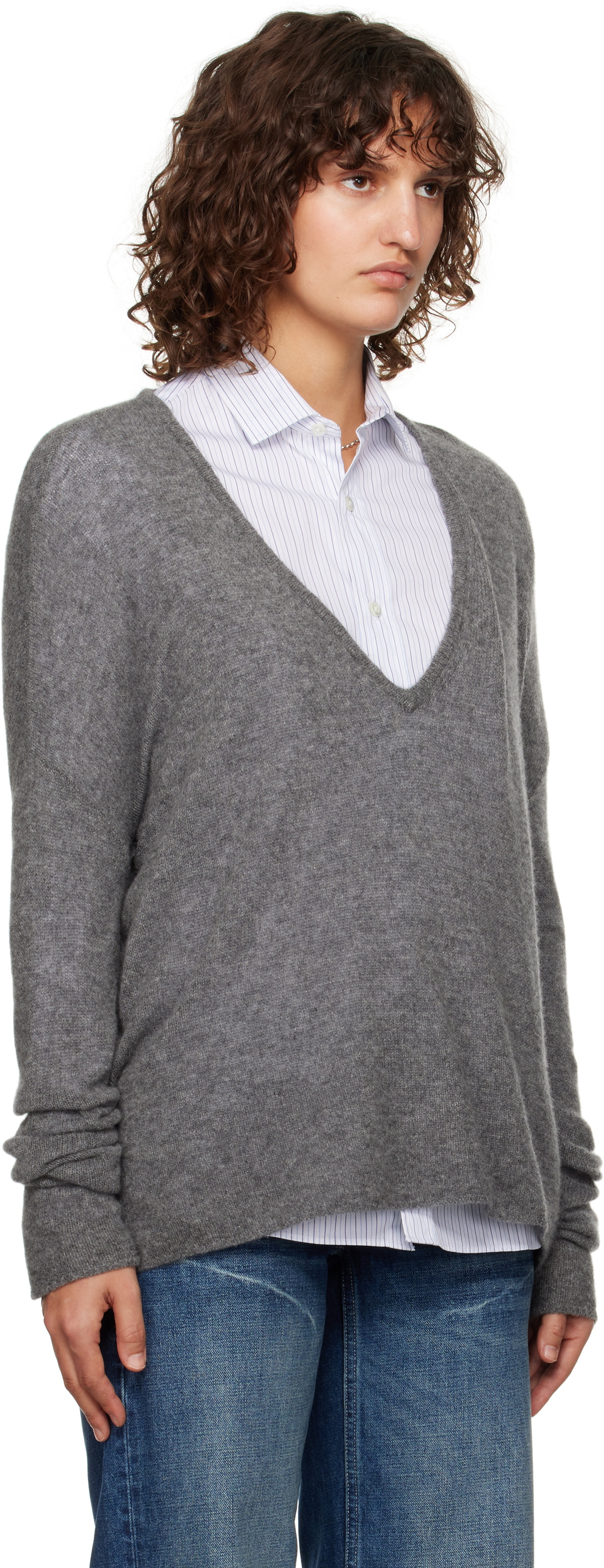 Fax Copy Express Gray Oversized V-Neck Sweater