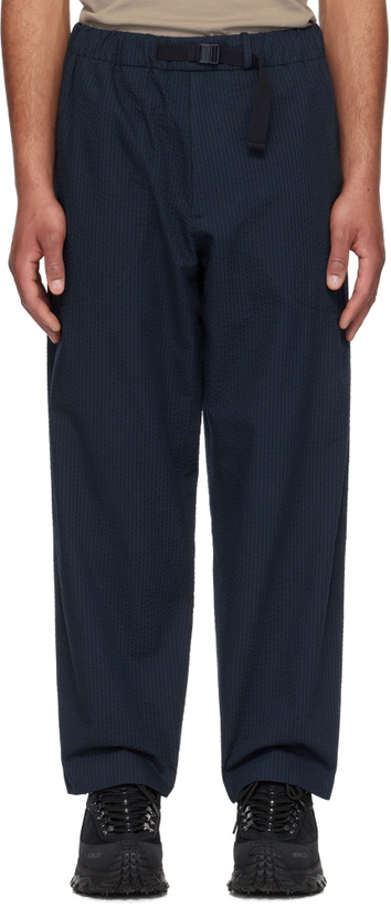 Photo: Moncler Navy Belted Seersucker Trousers
