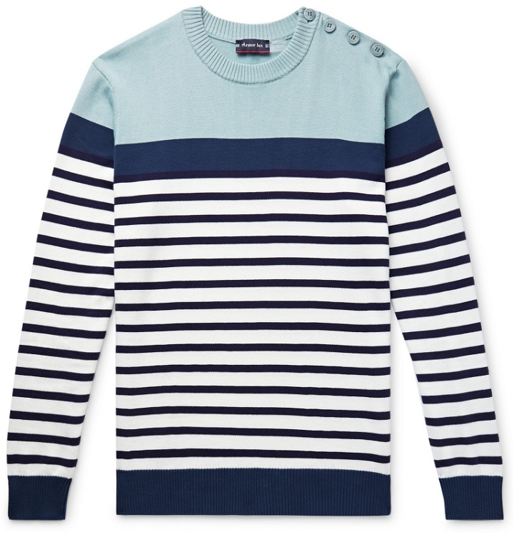 Photo: Armor Lux - Button-Embellished Striped Cotton Sweater - Blue