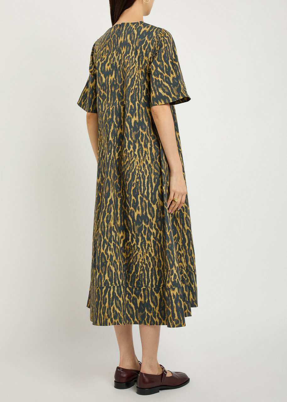 Ganni Leopard Stretch-cotton Midi Dress Khaki