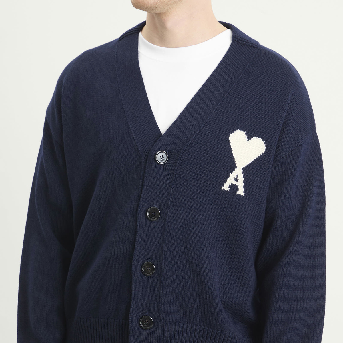 AMI Paris Men's Cardigan With Contrasted Ami De Coeur in Encre